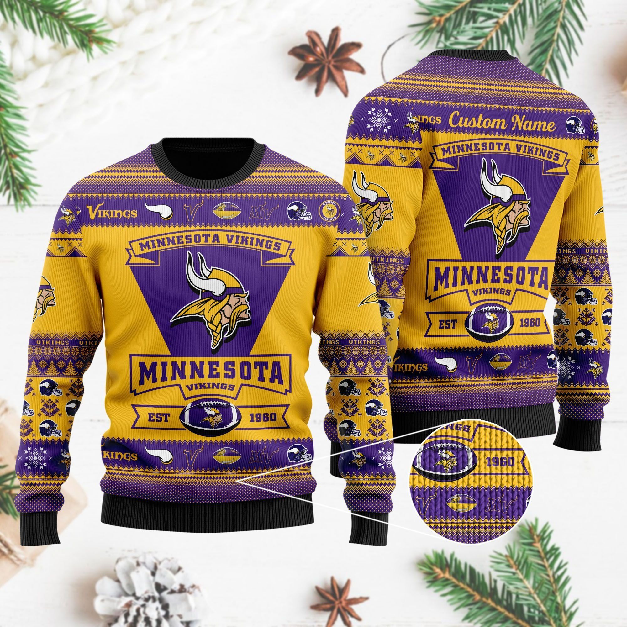 Minnesota Vikings Football Team Logo Custom Name Personalized Ugly Christmas Sweater Holiday Party Men Women Plus Size