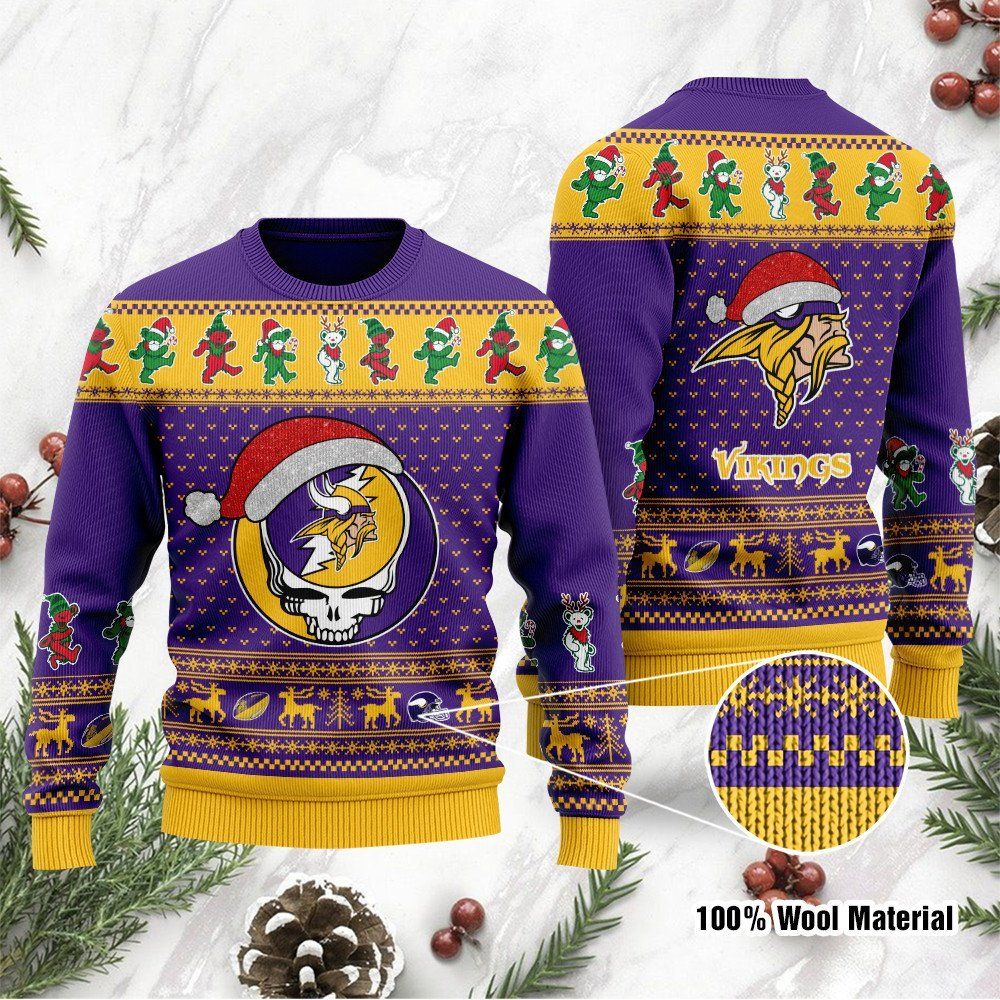 Minnesota Vikings Grateful Dead SKull And Bears Custom Name Ugly Christmas Sweater NFL Football Christmas