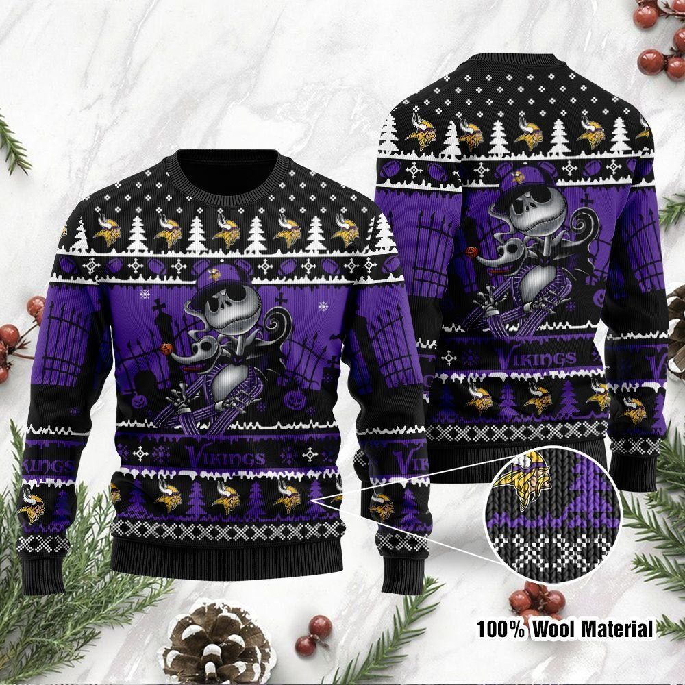 Minnesota Vikings Jack Skellington Halloween Ugly Christmas Sweater Holiday Party Men Women Full Plus Size