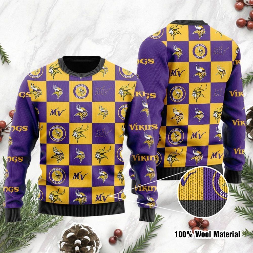 Minnesota Vikings Logo Checkered Flannel Design Ugly Christmas Sweater