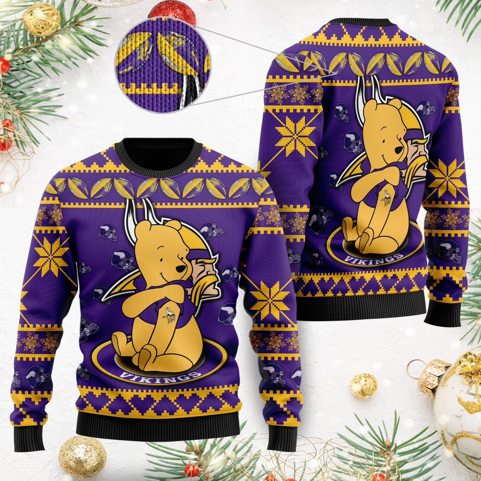 Minnesota Vikings NFL American Football Team Logo Cute Winnie The Pooh Bear 3D Ugly Christmas Sweater