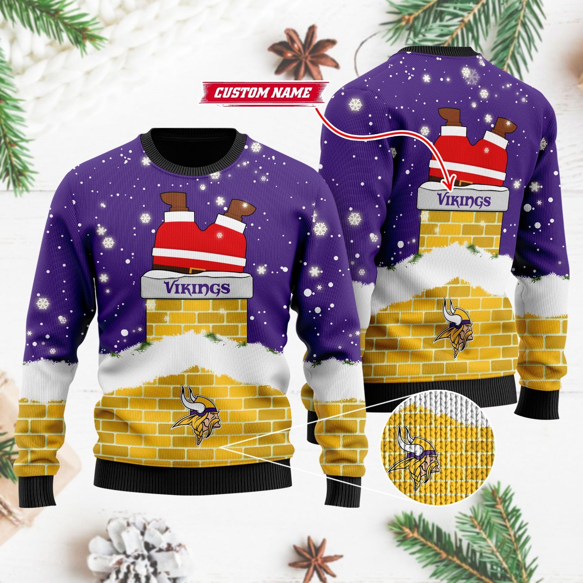 Minnesota Vikings NFL Football Team Logo Symbol Santa Claus Custom Name Personalized 3D Ugly Christmas Sweater