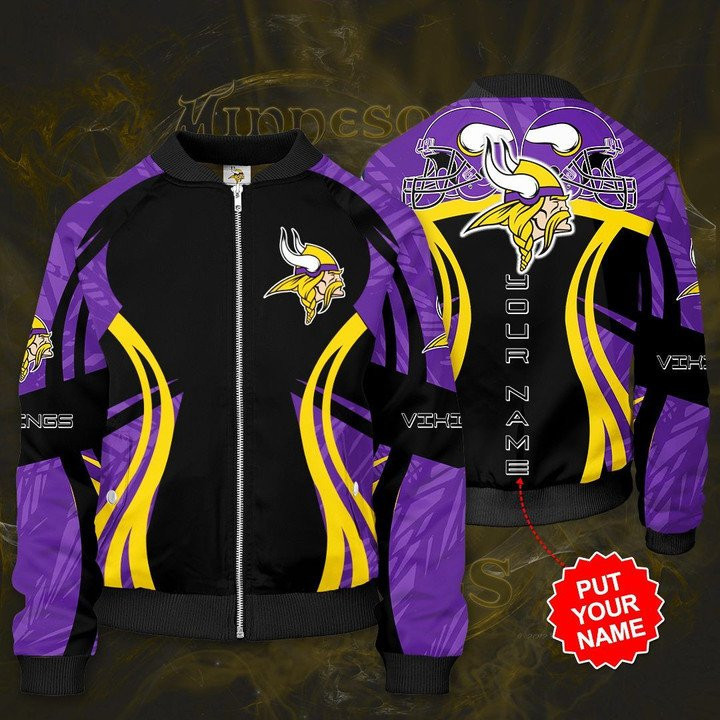 Minnesota Vikings Personalized Black Purple Bomber Jacket | NFL Team Jacket for Men & Women | Football Fan Gift
