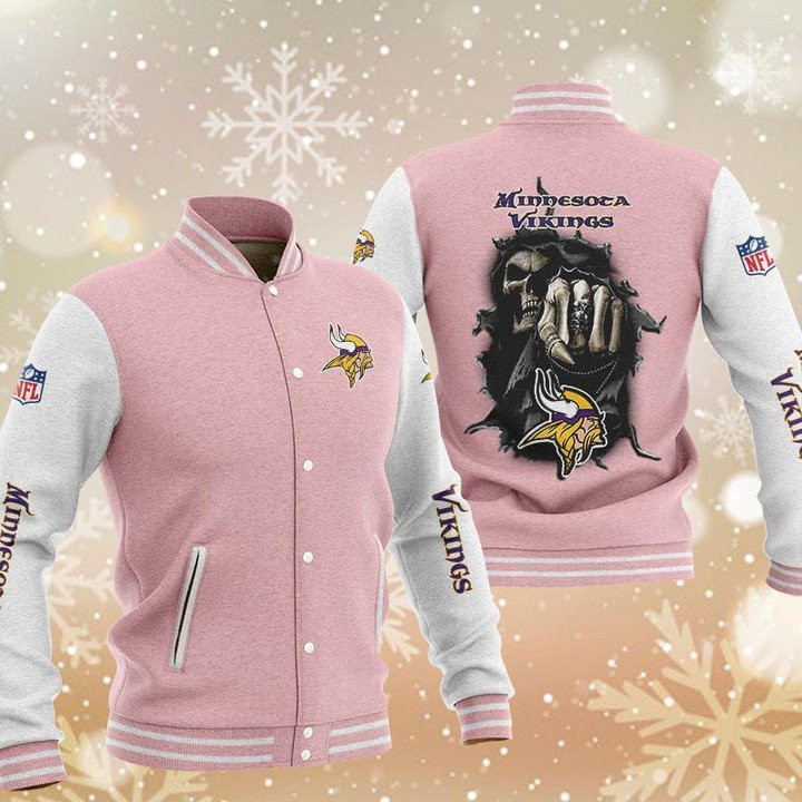 Minnesota Vikings Pink Grey Hades Varsity Baseball Jacket for Men & Women | NFL Team Fan Gift