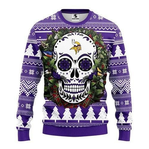 Minnesota Vikings Skull Flower Ugly Christmas Sweater,