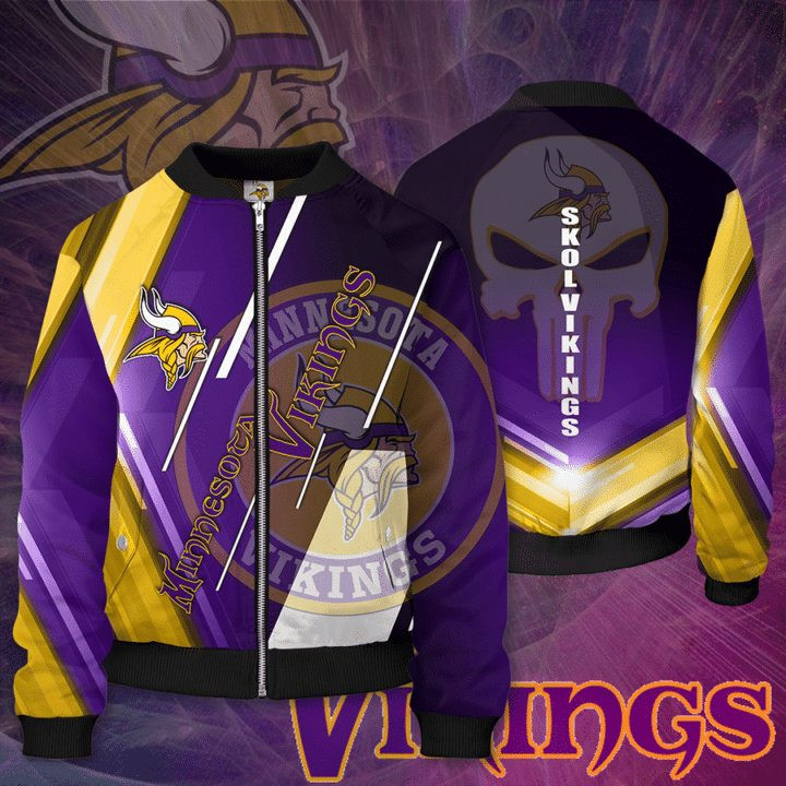 Minnesota Vikings Skull Style Bomber Jacket | NFL Team Jacket for Men & Women | Football Fan Gift