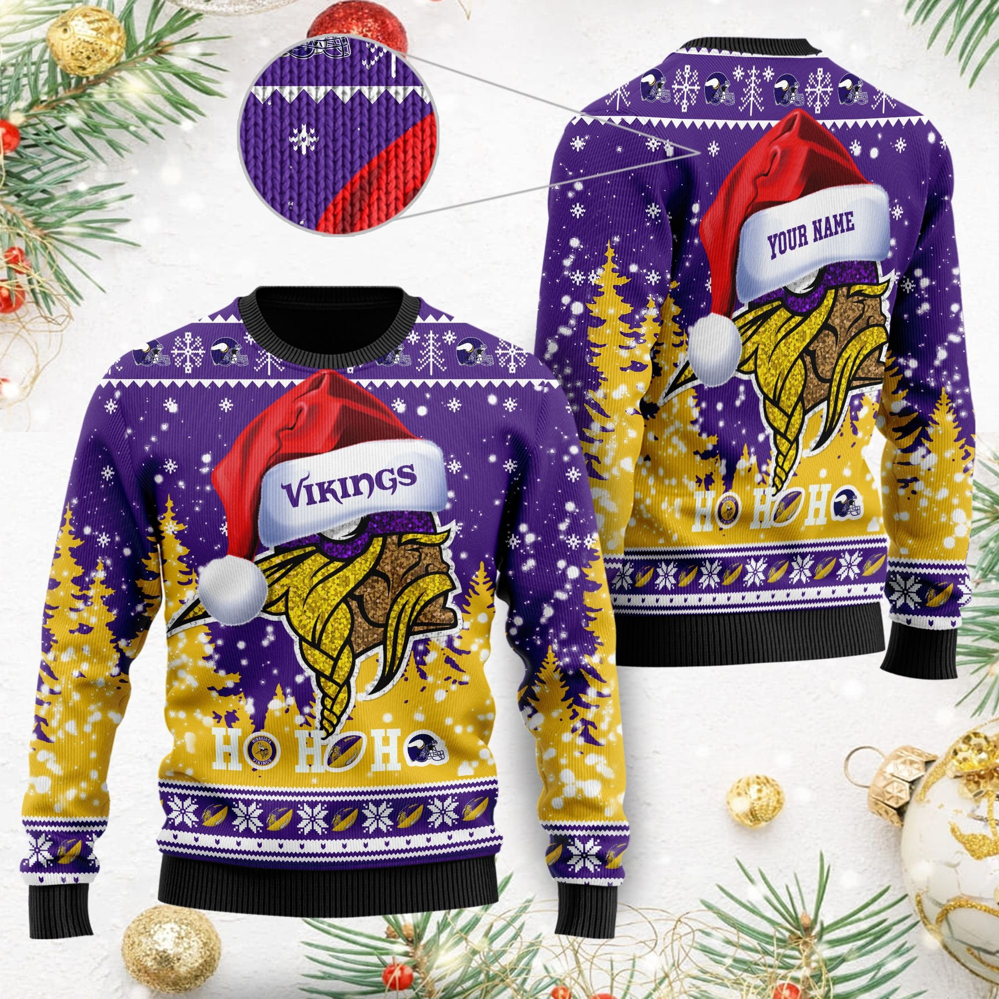 Minnesota Vikings Symbol Wearing Santa Claus Hat Ho Ho Ho Custom Personalized Ugly Christmas Sweater Perfect Holiday Gift