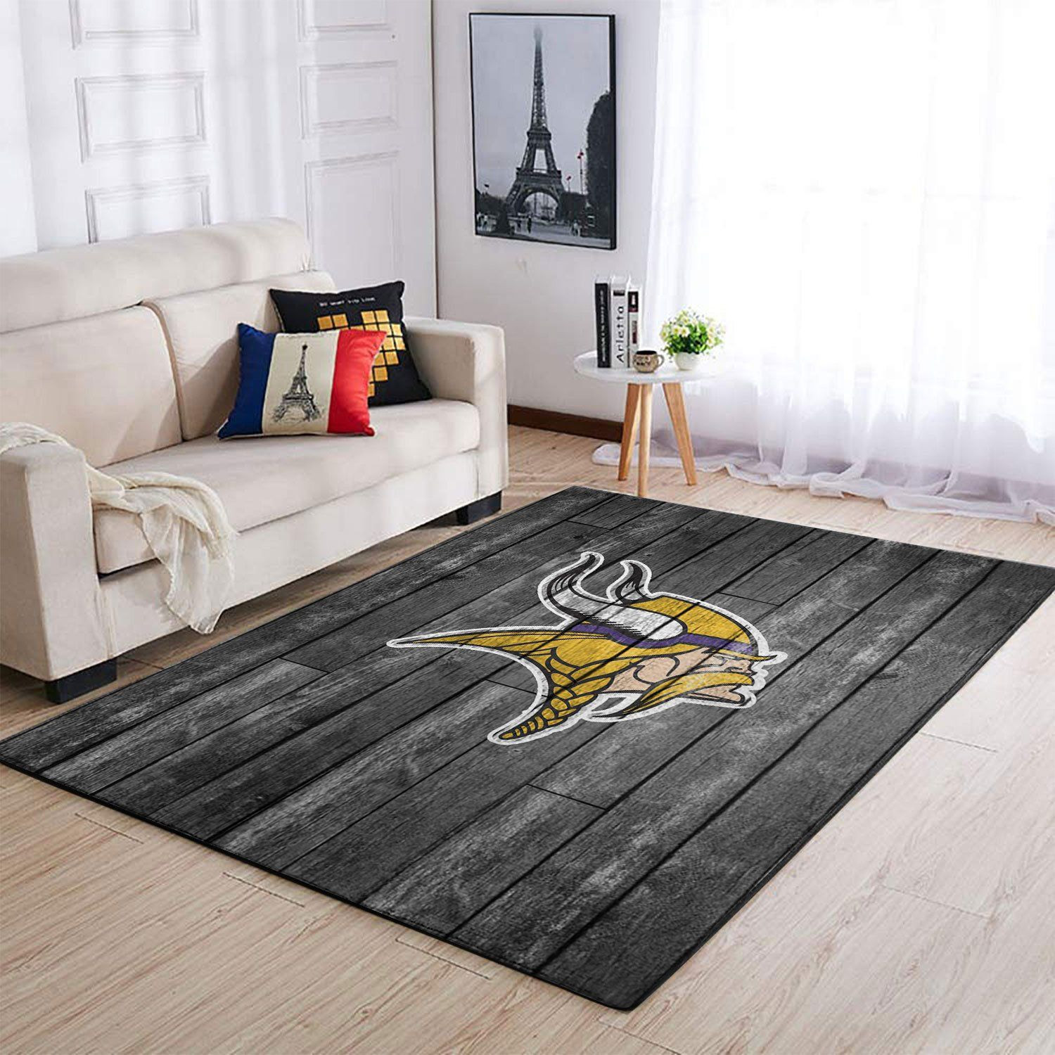 Minnesota Vikings Team Logo Grey Wooden Rectangle Area Rug – Full Print Carpet For Living Room & Bedroom Home Decor