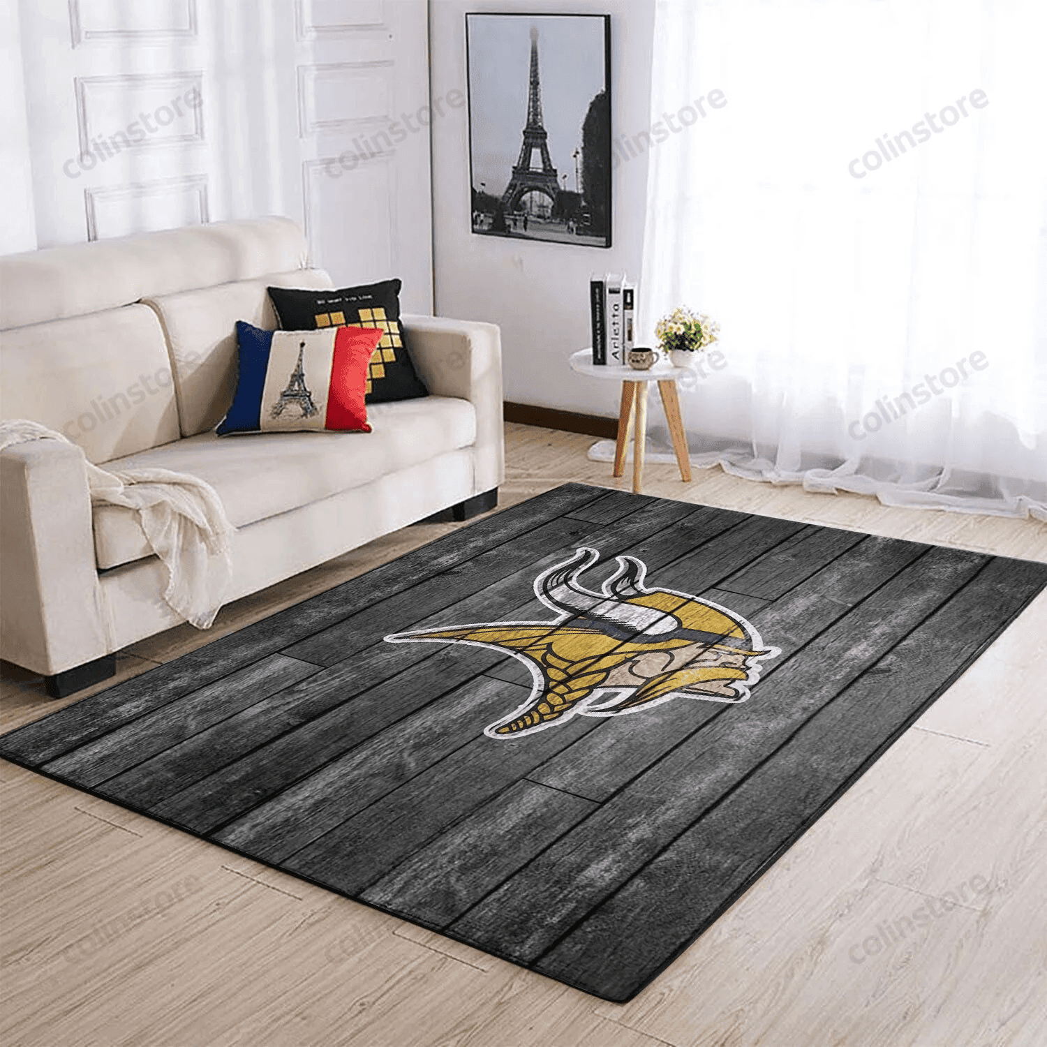 Minnesota Vikings Team Logo Grey Wooden Rectangle Area Rug – Full Print Carpet For Living Room & Bedroom Home Decor