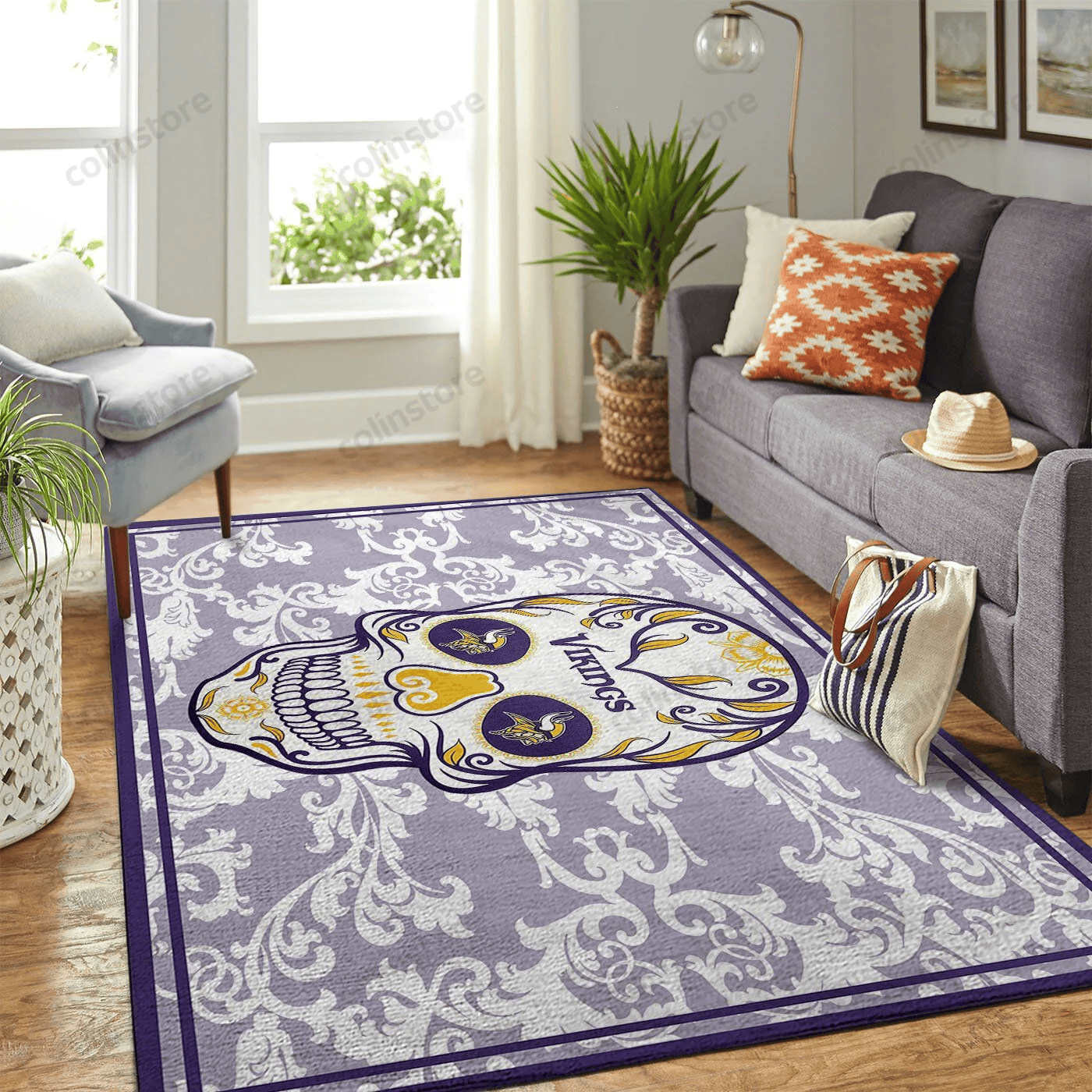 Minnesota Vikings Team Logo Skull Flower Rectangle Area Rug – Full Print Carpet For Living Room & Bedroom Home Decor