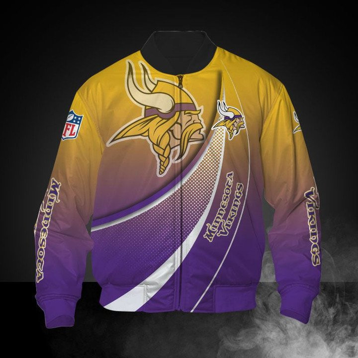 Minnesota Vikings Yellow Purple Curve Bomber Jacket | NFL Team Jacket for Men & Women | Football Fan Gift