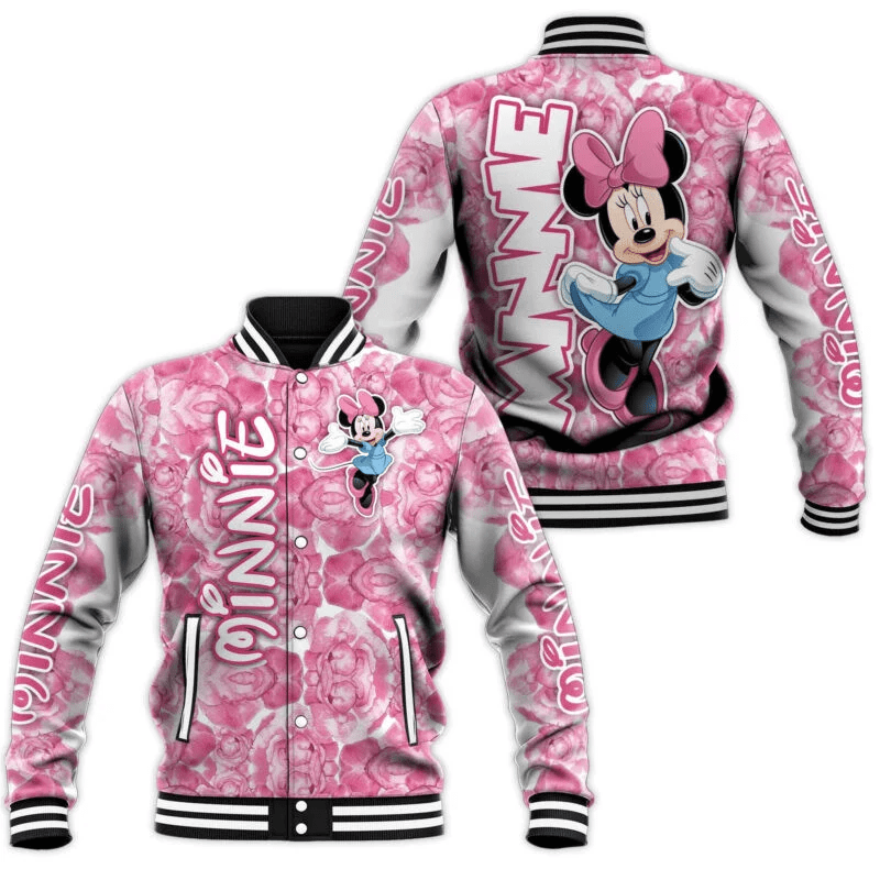 Minnie Flower Pattern Fashion Baseball Jacket for Men & Women | Cartoon Fan Gift