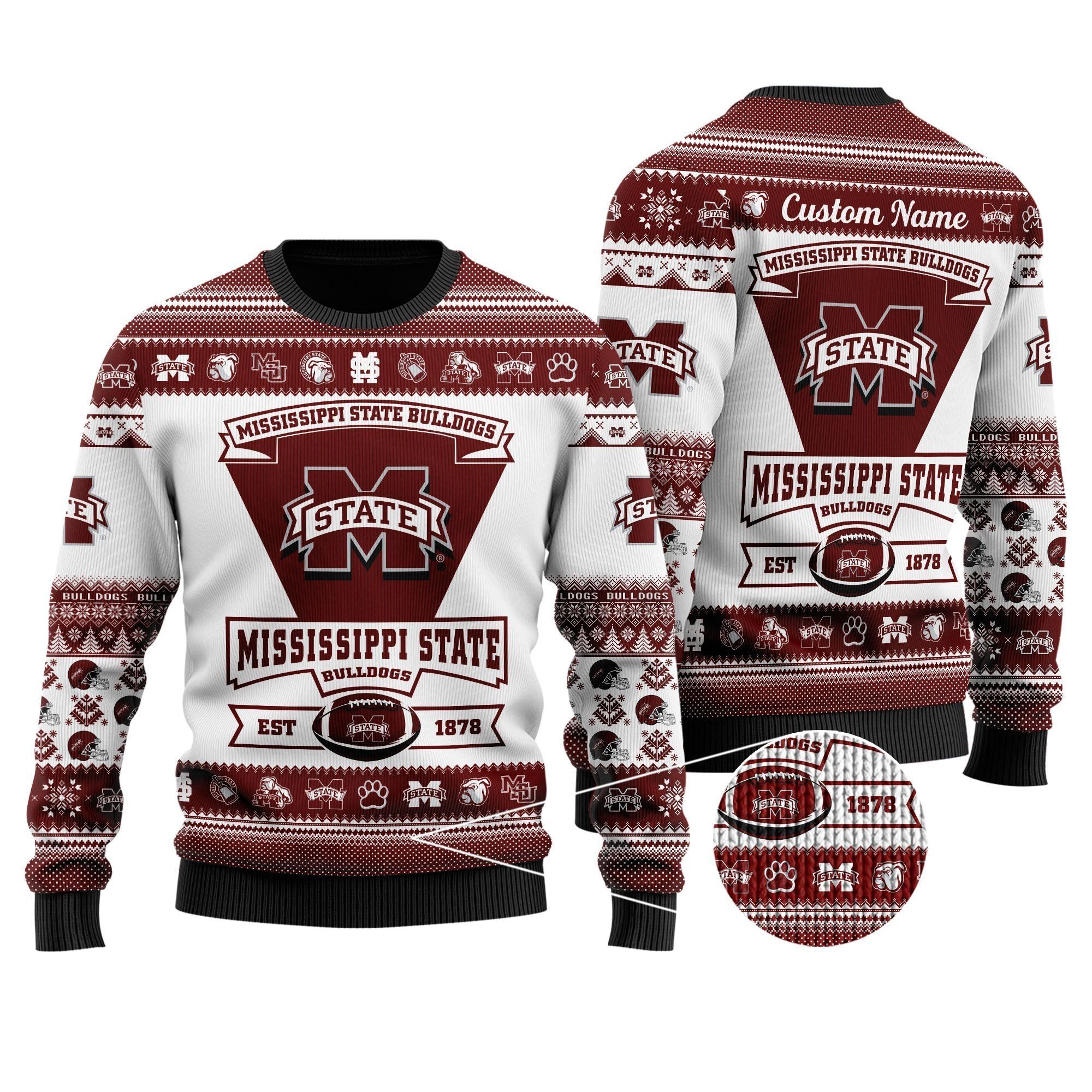 Mississippi State Bulldogs Football Team Logo Custom Name Personalized Ugly Christmas Sweater Holiday Party Men Women Plus Size