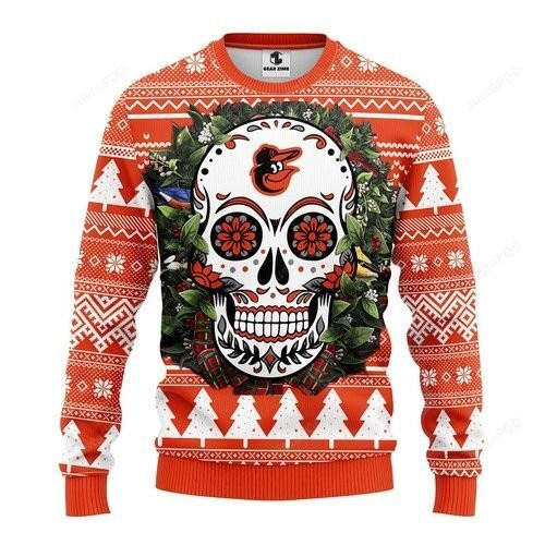 Mlb Baltimore Orioles Skull Flower Ugly Christmas Sweater,
