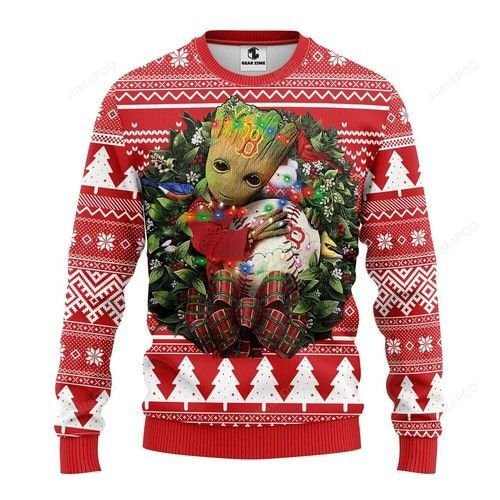 Mlb Boston Red Sox Groot Hug Ugly Christmas Sweater, Perfect Holiday Gift