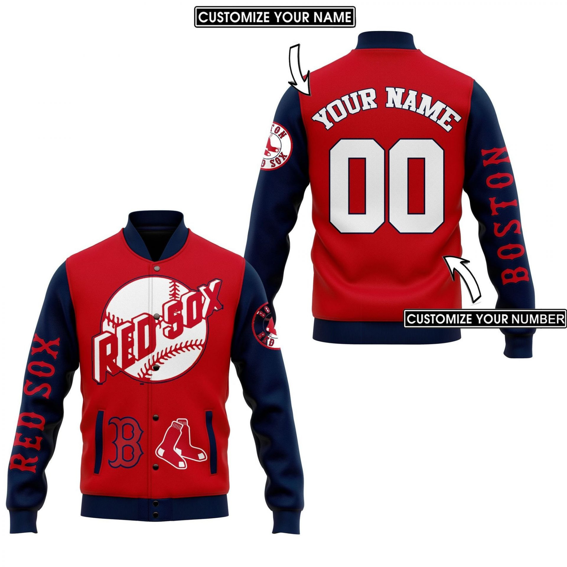 MLB Boston Red Sox Personalized Name Number Red Navy Baseball Jacket for Men & Women | MLB Team Fan Gift