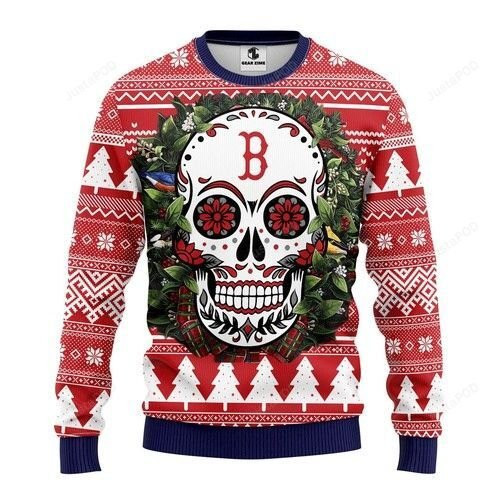 Mlb Boston Red Sox Skull Flower Ugly Christmas Sweater,