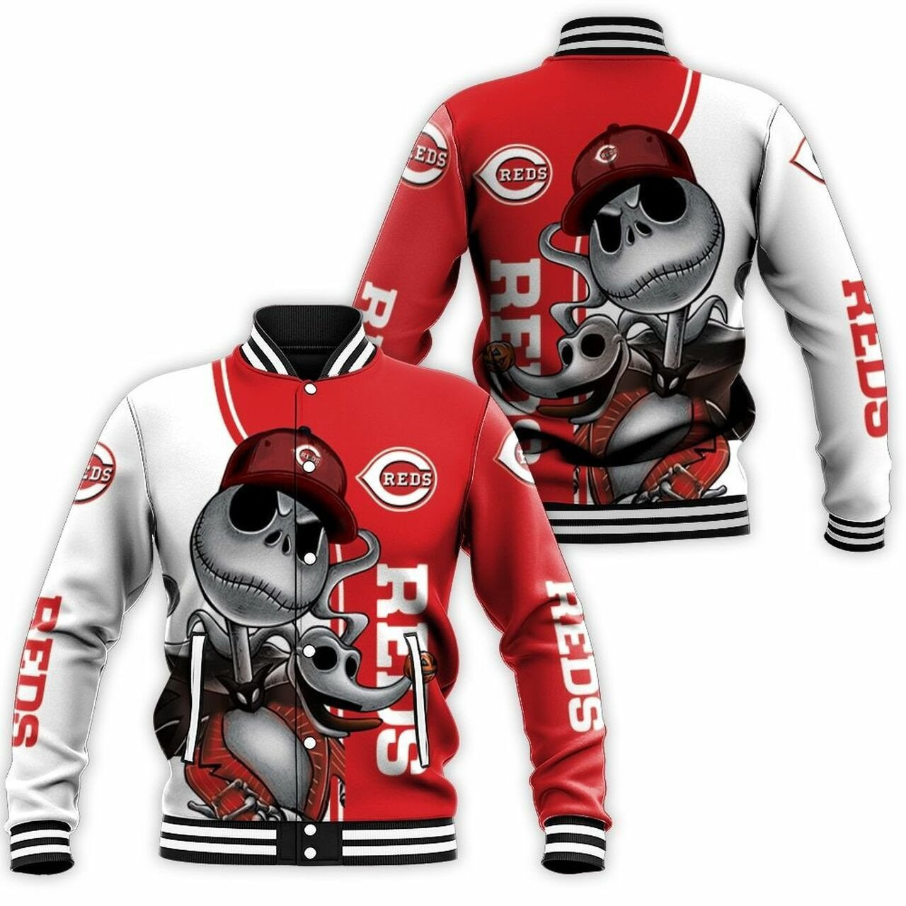 MLB Cincinnati Reds Jack Skellington And Zero Baseball Jacket Varsity Baseball Jacket for Men & Women | MLB Fan Gift