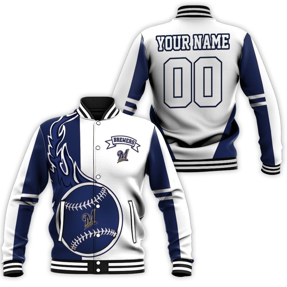 MLB Milwaukee Brewers Personalized Name Number White Navy Blue Baseball Jacket for Men & Women | MLB Team Fan Gift
