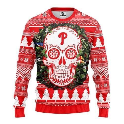 Mlb Philadelphia Phillies Skull Flower Ugly Christmas Sweater,