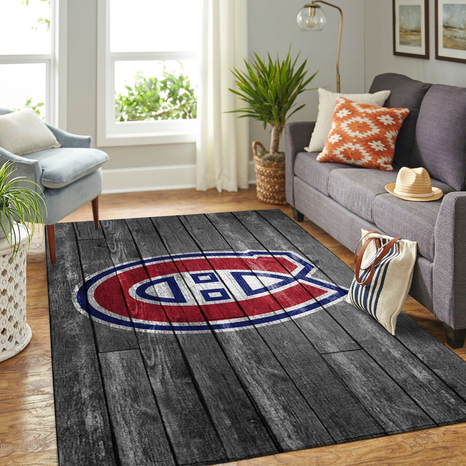 Montr Al Canadiens Team Logo Grey Wooden Rectangle Area Rug – Full Print Carpet For Living Room & Bedroom Home Decor