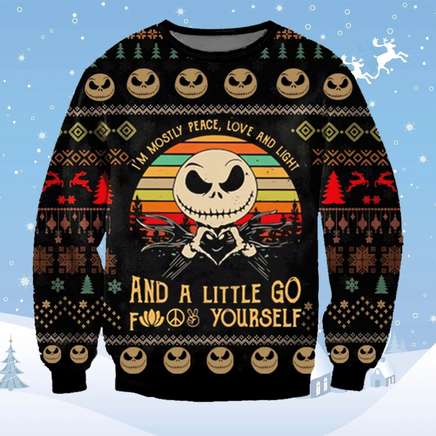 Mostly Peace Love Light A Little Go F Yourself Knitted Sweater Ugly Christmas Sweater