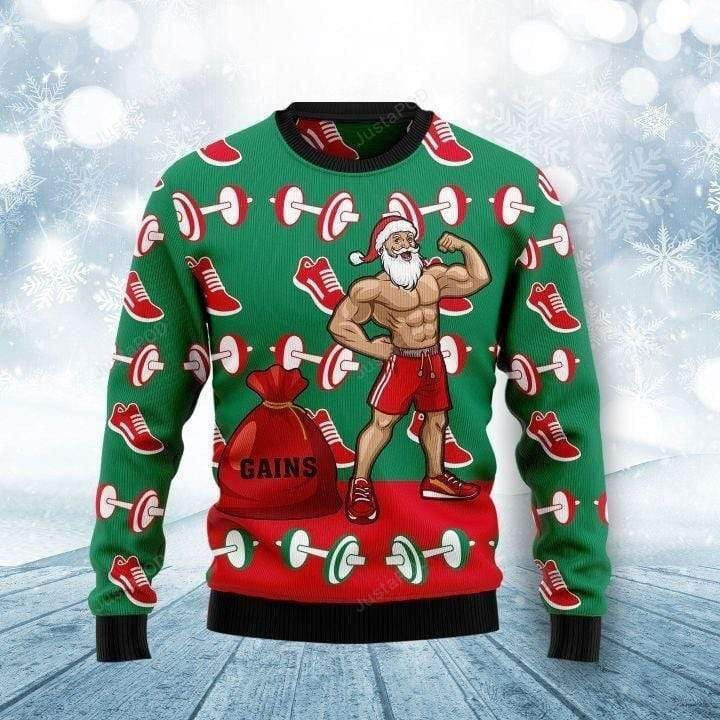 Muscle Santa Claus Workout Gains Red Green Ugly Christmas Sweater, Perfect Holiday Gift
