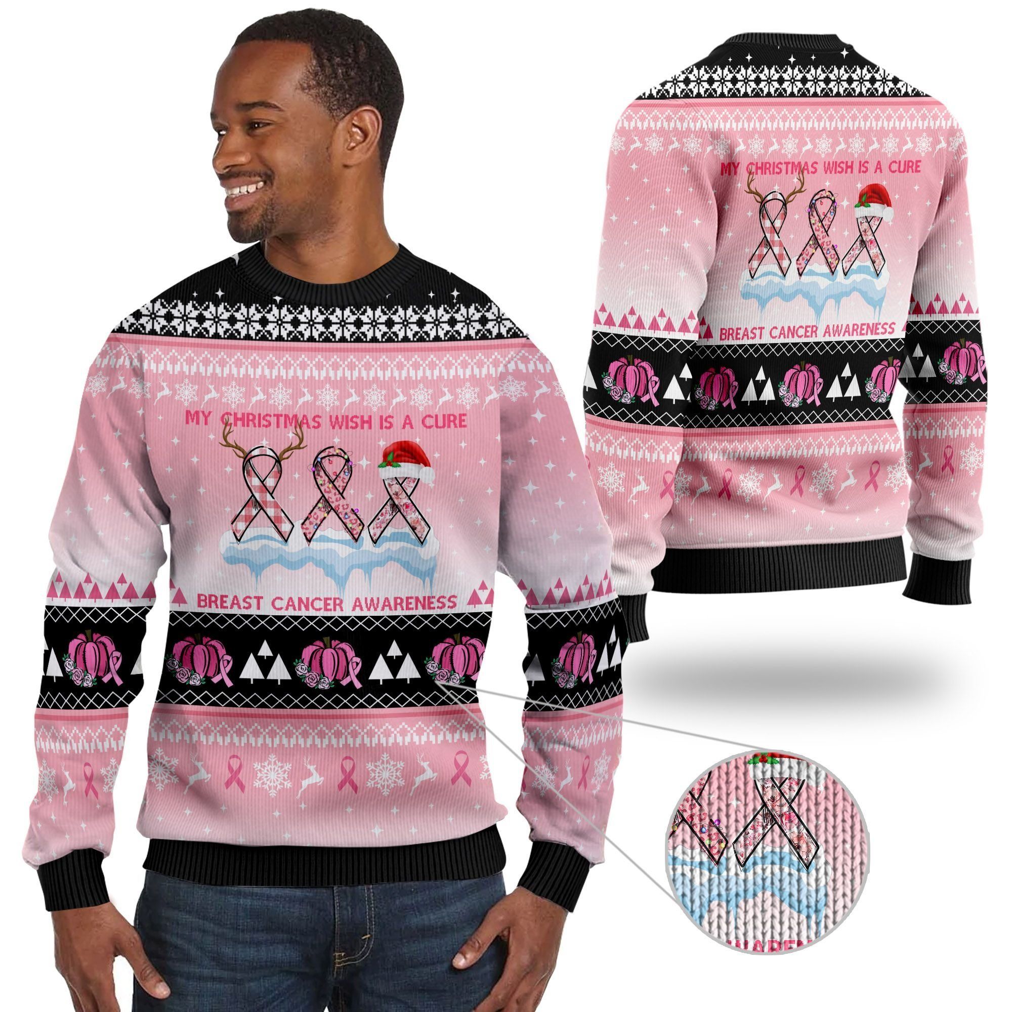 My Christmas Wish Is A Cure Breast Cancer Awareness Ugly Christmas Sweater For Breast Cancer Supporters On Chirstmas Days