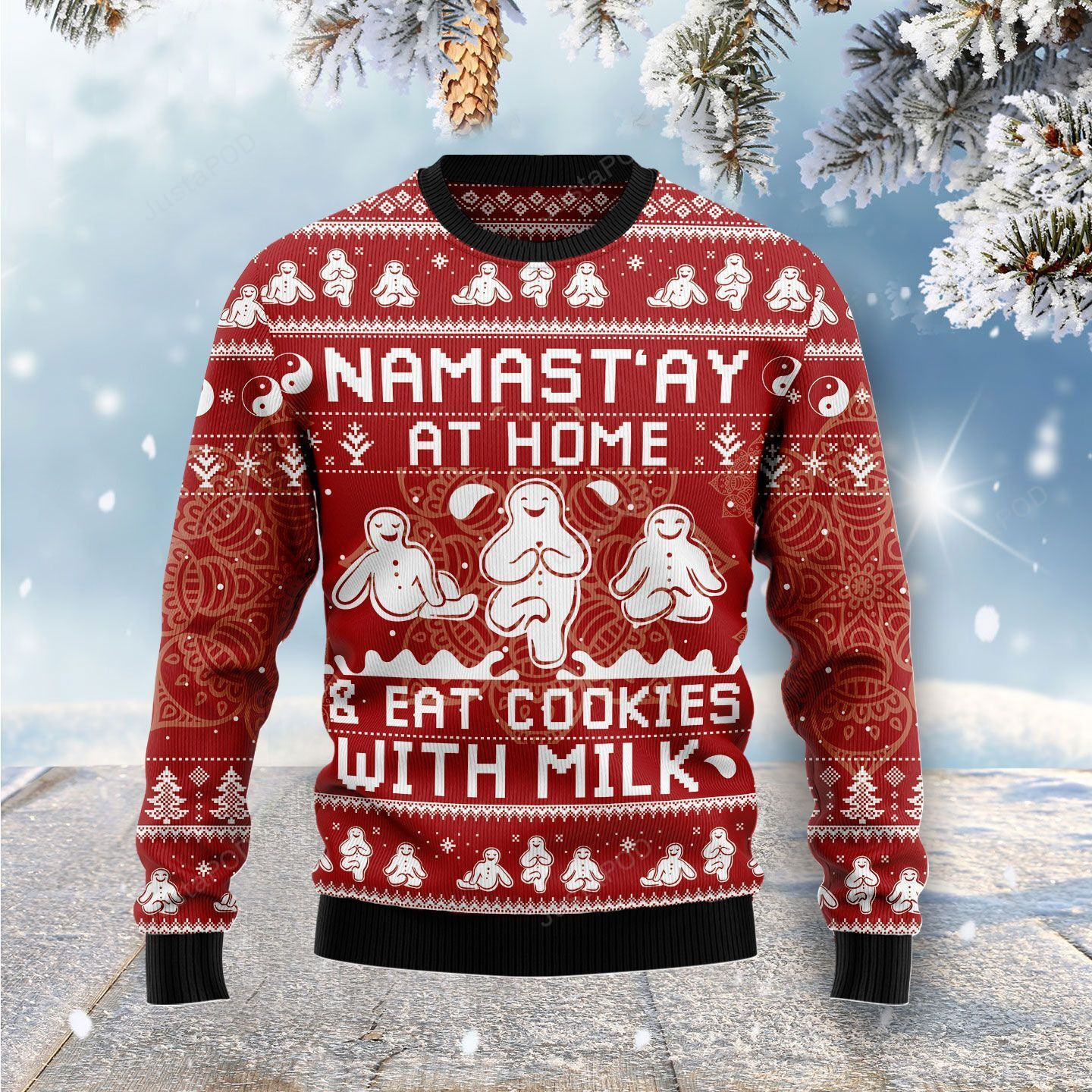 Namast?Ay At Home Eat Cookies With Milk Christmas Ugly Christmas Sweater, Perfect Holiday Gift