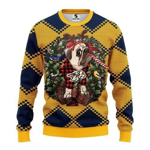 Nashville Predators Pug Dog For Unisex Ugly Christmas Sweater,
