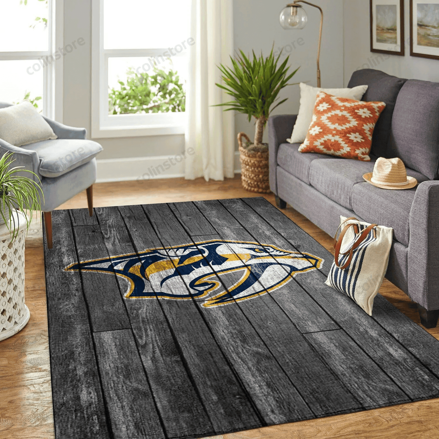 Nashville Predators Team Logo Grey Wooden Rectangle Area Rug – Full Print Carpet For Living Room & Bedroom Home Decor