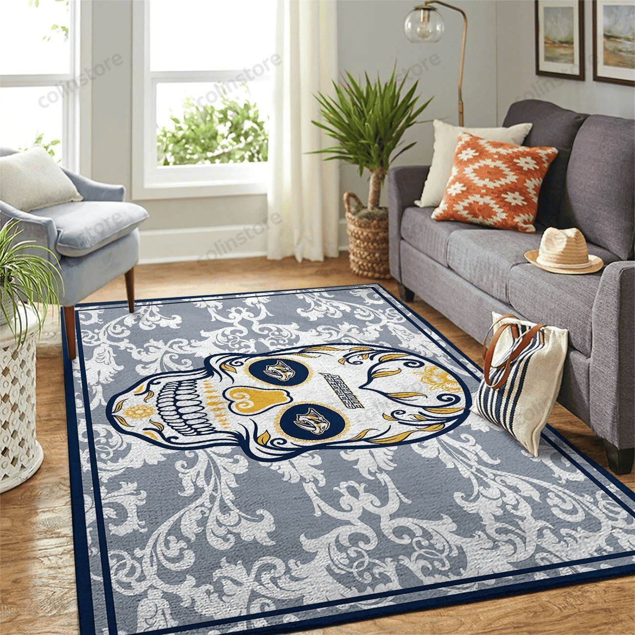 Nashville Predators Team Logo Skull Flower Rectangle Area Rug – Full Print Carpet For Living Room & Bedroom Home Decor