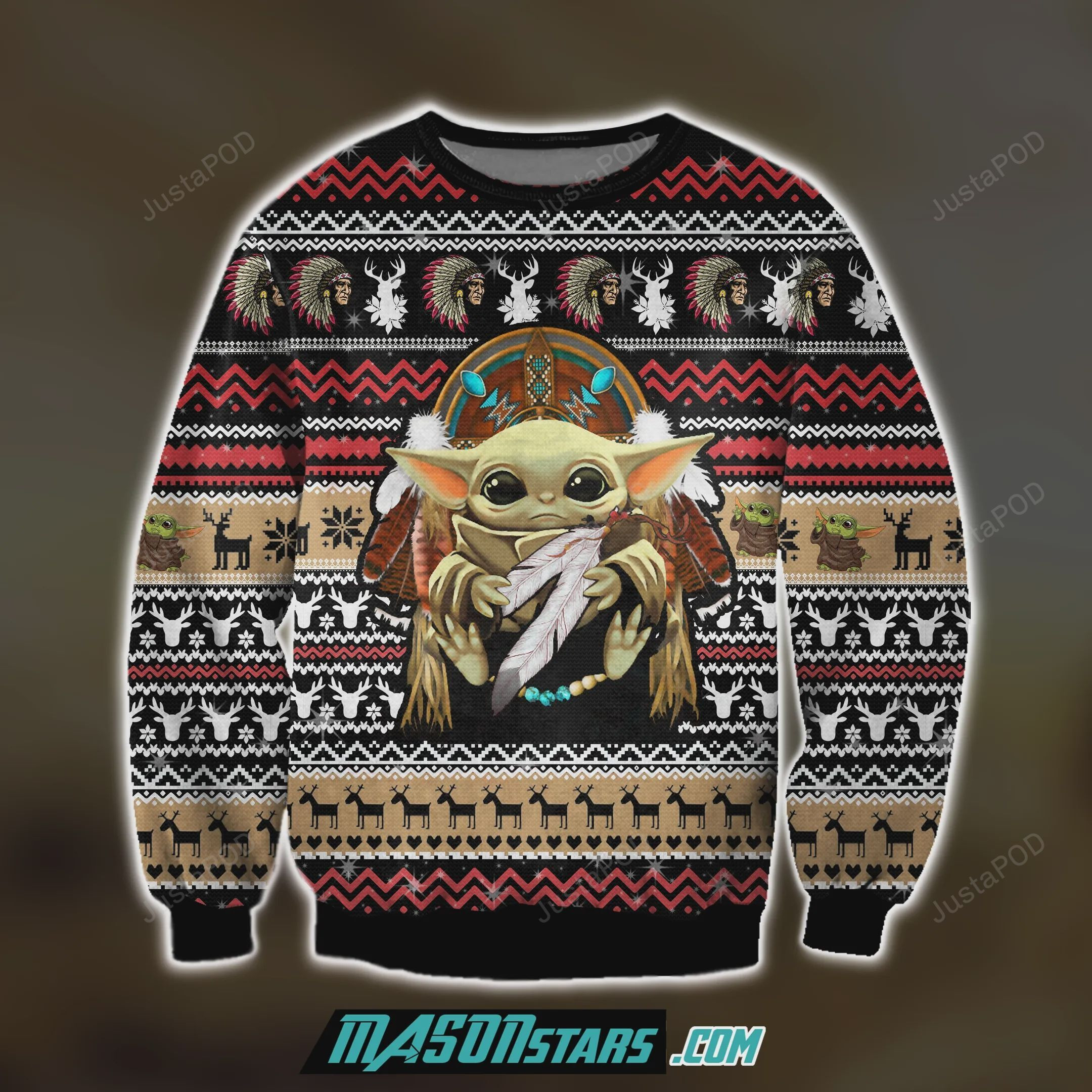 Native American Baby Yoda 3D Print Ugly Christmas Sweater, Perfect Holiday Gift