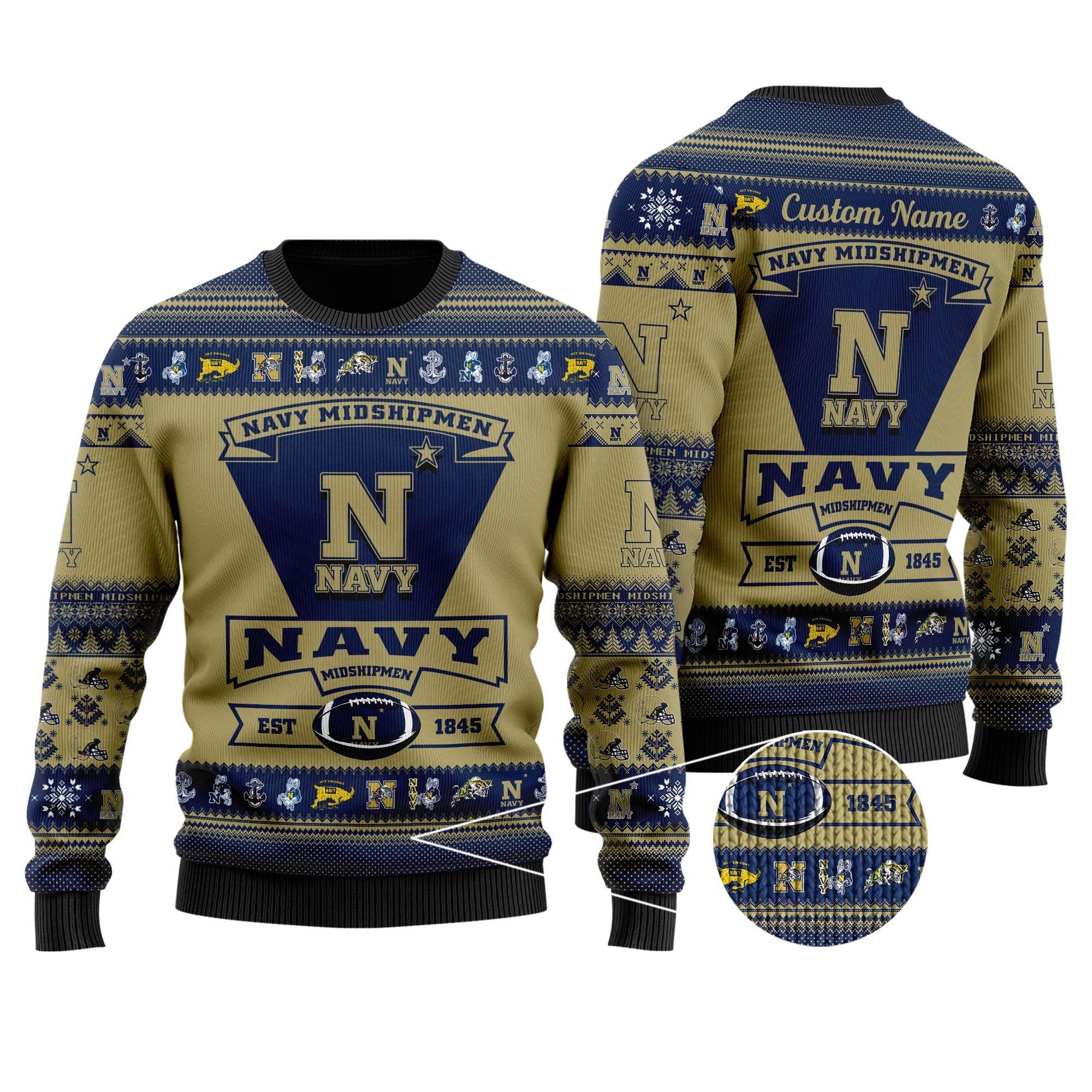 Navy Midshipmen Football Team Logo Custom Name Personalized Ugly Christmas Sweater Holiday Party Men Women Plus Size