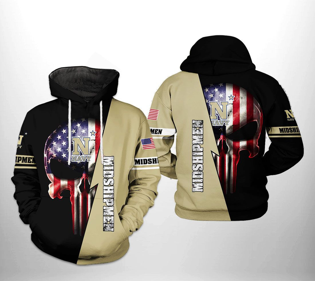 Navy Midshipmen NCAA US Flag Skull 3D All Over Print Hoodie & Zip Hoodie