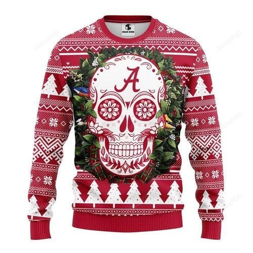 Ncaa Alabama Crimson Tide Skull Flower Ugly Christmas Sweater, Perfect Holiday Gift
