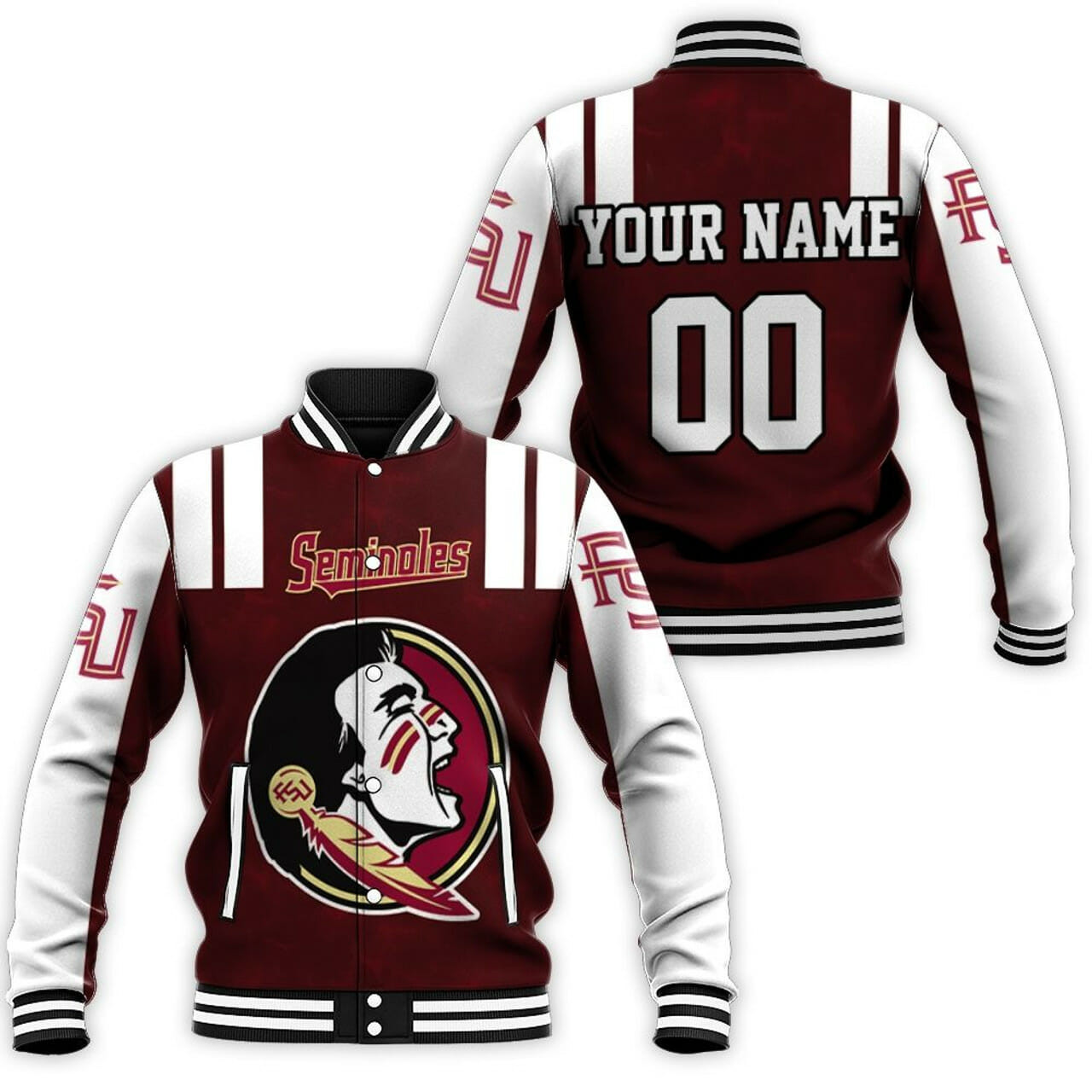 NCAA Florida State Seminoles Personalized Name Number Garnet White Baseball Jacket for Men & Women | NCAA Team Fan Gift