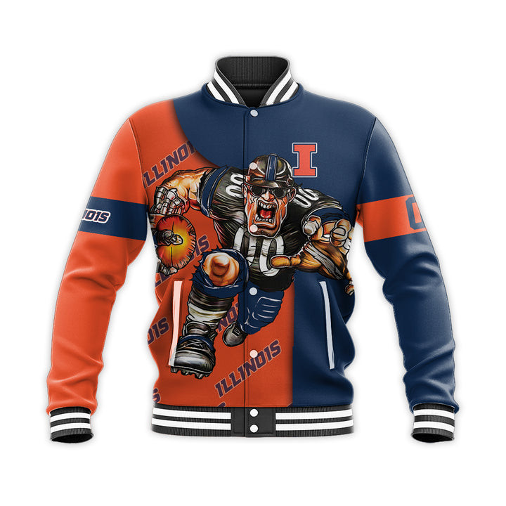 NCAA Illinois Fighting Illini Personalized Name Number Orange Blue Baseball Jacket for Men & Women | NCAA Team Fan Gift