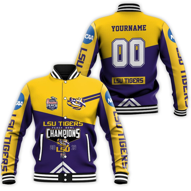 NCAA LSU Tigers Personalized Name Number Peach Bowl Champions 2019 Baseball Jacket for Men & Women | College Football Fan Gift