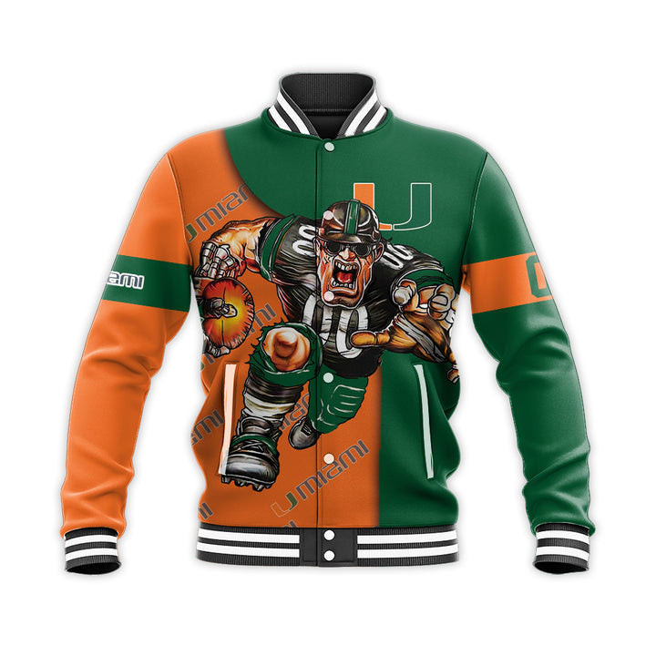 NCAA Miami Hurricanes Personalized Name Number Orange Green Baseball Jacket Varsity Baseball Jacket for Men & Women | NCAA Team Fan Gift