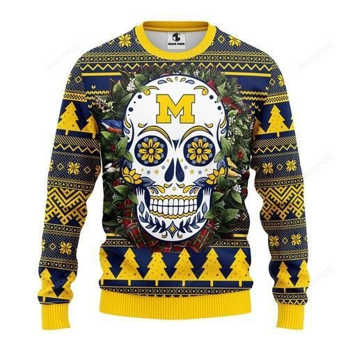 Ncaa Michigan Wolverines Skull Flower Ugly Christmas Sweater
