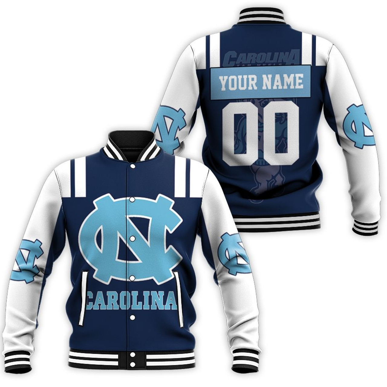 NCAA North Carolina Tar Heels Personalized Name Number Dark Blue Baseball Jacket for Men & Women | College Football Fan Gift