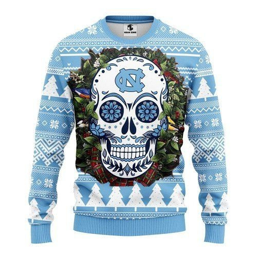 Ncaa North Carolina Tar Heels Skull Flower Ugly Christmas Sweater,