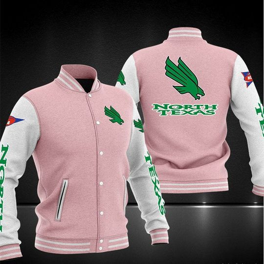 NCAA North Texas Mean Green Pink White Varsity Baseball Jacket for Men & Women | NCAA Team Fan Gift