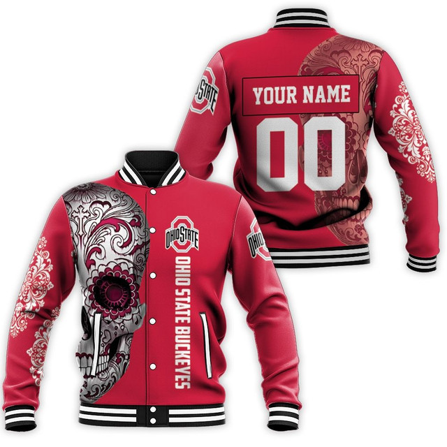 NCAA Ohio State Buckeyes Personalized Name Number Sugar Skull Baseball Jacket for Men & Women | NCAA Team Fan Gift