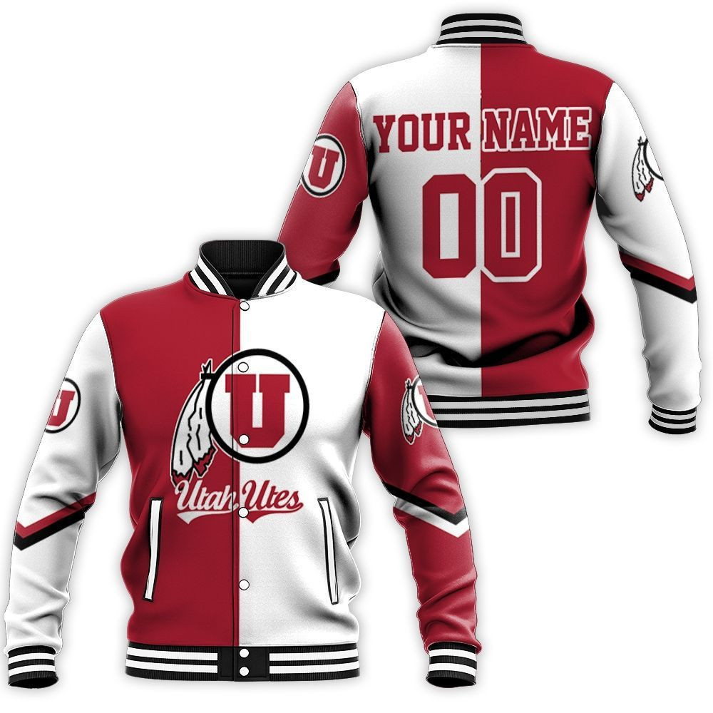 NCAA Utah Utes Personalized Name Number Red White Baseball Jacket Varsity Baseball Jacket for Men & Women | NCAA Team Fan Gift