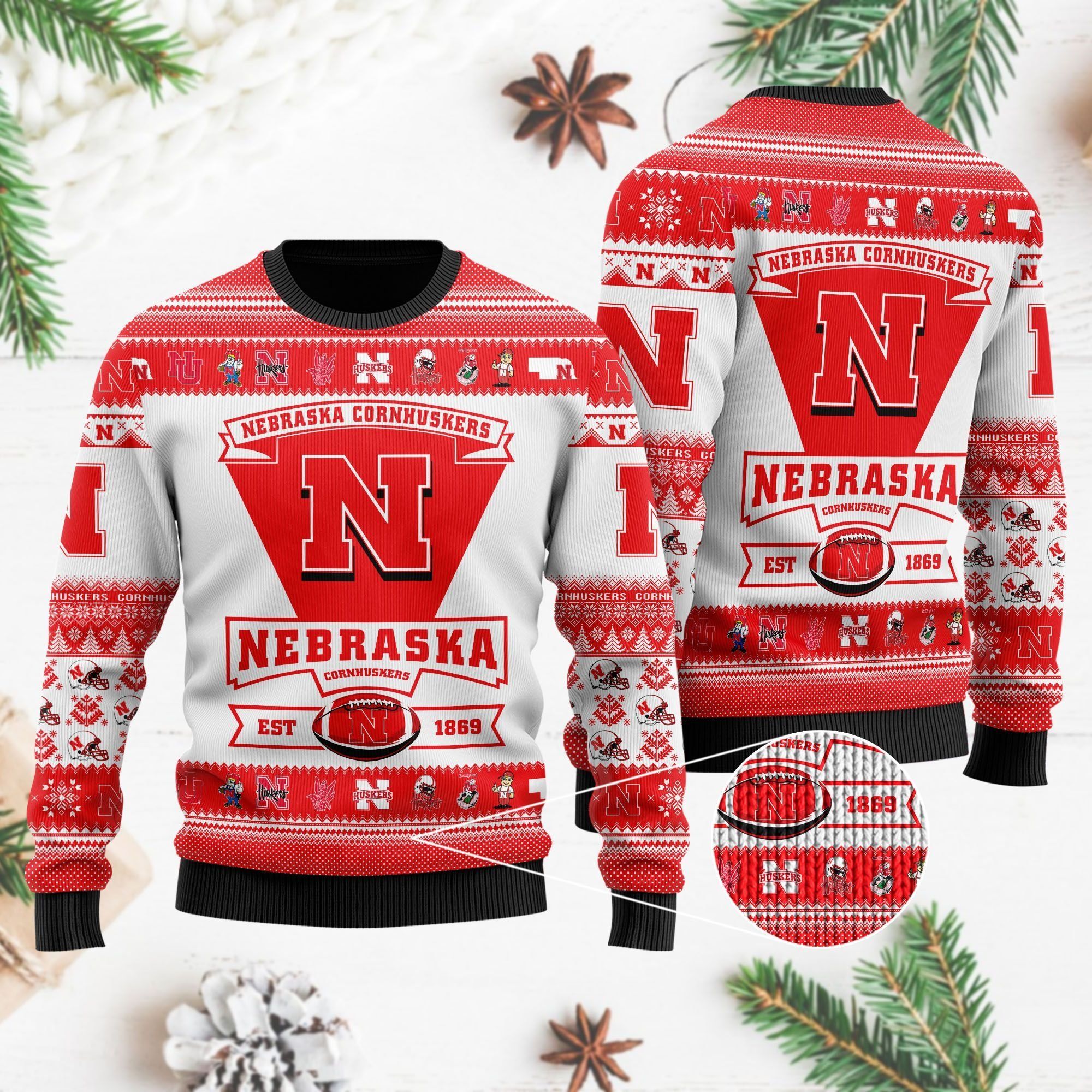 Nebraska Cornhuskers Football Team Logo Custom Name Personalized Ugly Christmas Sweater Holiday Party Men Women Plus Size
