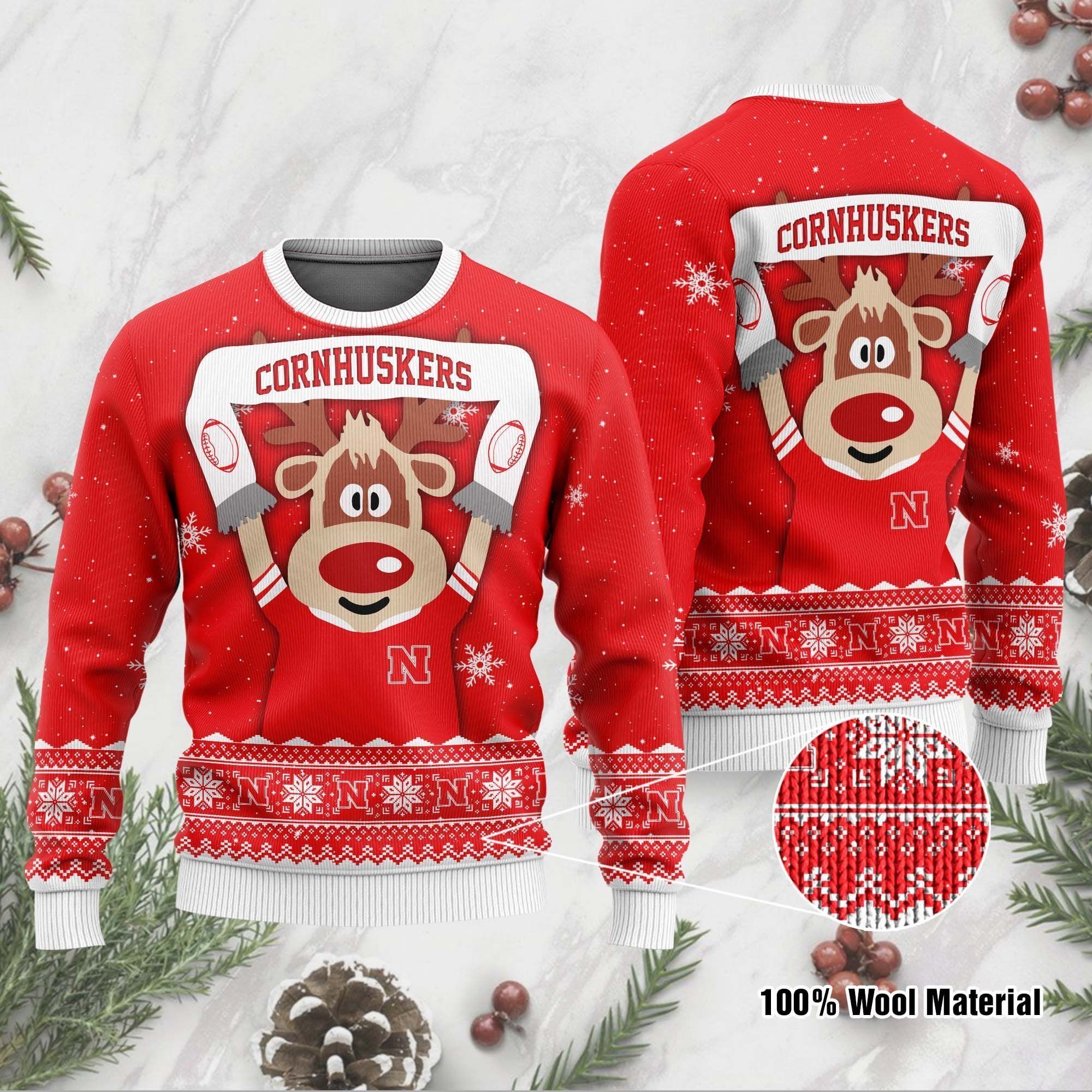 Nebraska Cornhuskers Funny Ugly Christmas Sweater Holiday Xmas Party Men Women Plus Size