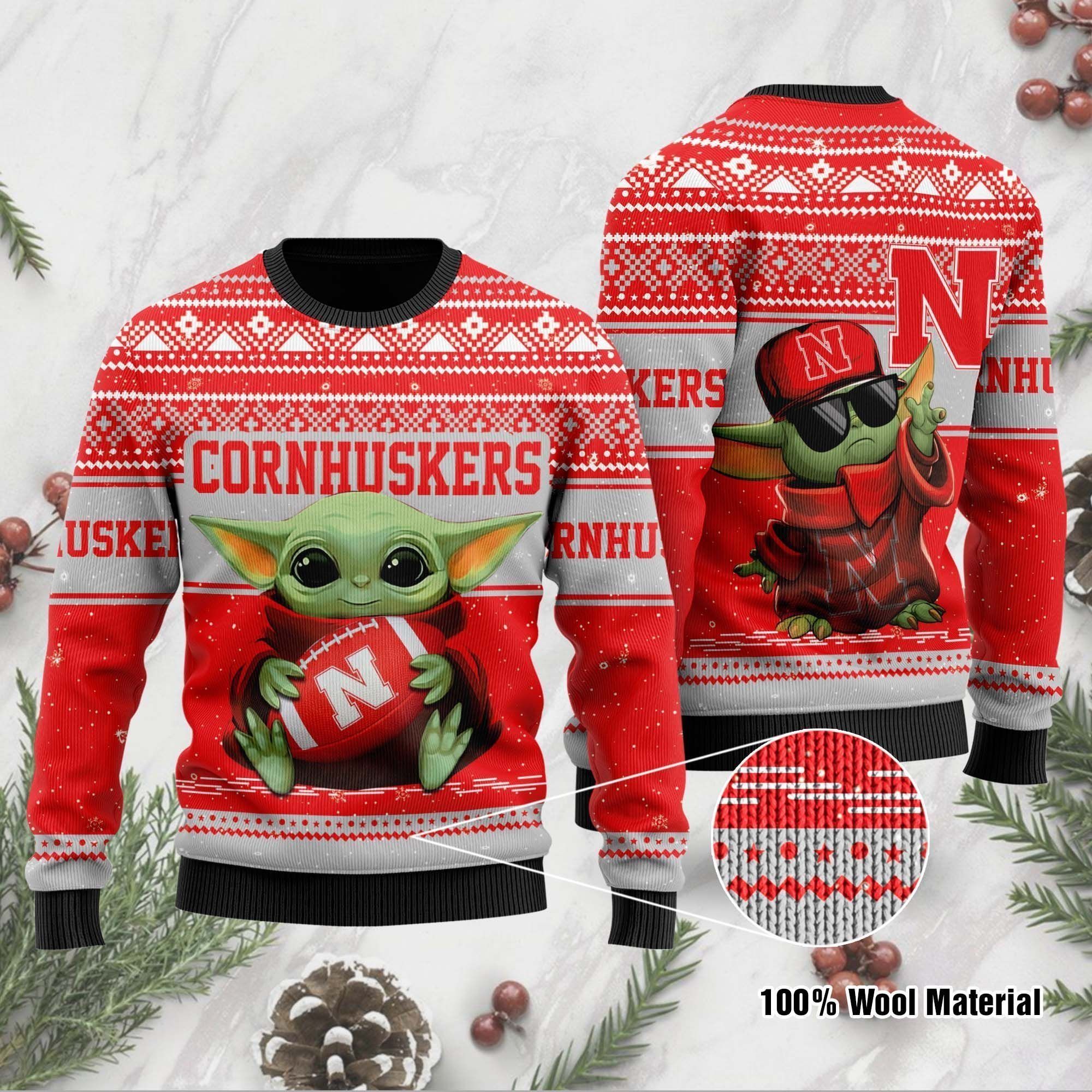 Nebraska Cornhuskers Grogu Baby Yoda Hug Logo Ugly Christmas Sweater Party