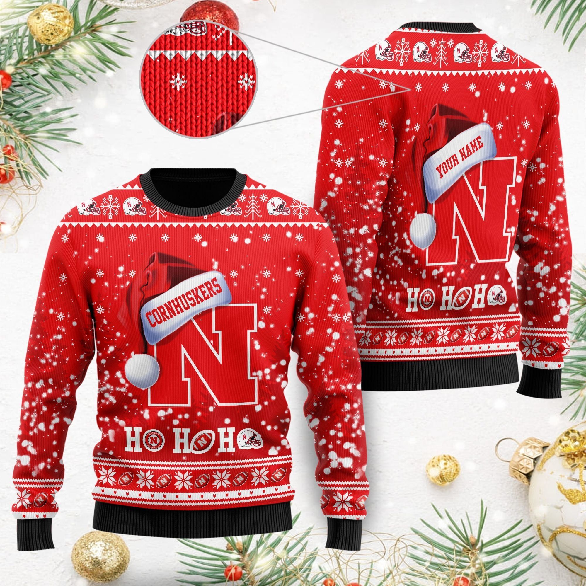 Nebraska Cornhuskers NCAA Symbol Wearing Santa Claus Hat Cute Pattern Ho Ho Ho Custom Personalized Ugly Christmas Sweater For Football Fans On Xmas Party
